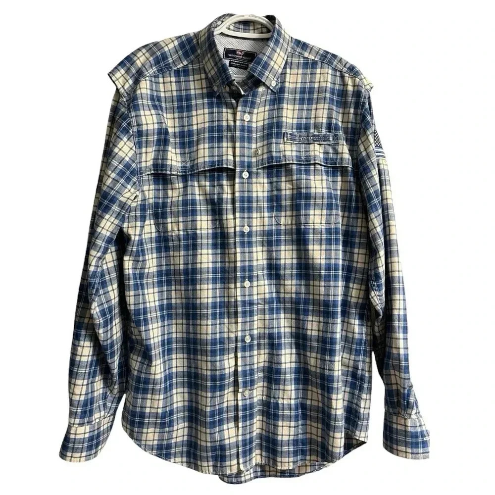 Vineyard Vines Harbor‎ Blue White Flag Plaid Long Sleeve Shirt Men's Size Medium